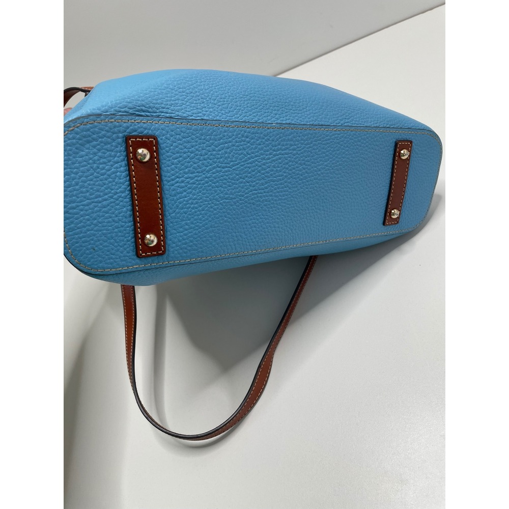 Dooney & Bourke Turquoise Pebbled Leather Tote Bag Brown Trim Blue Shoulder Bag - Picture 11 of 16